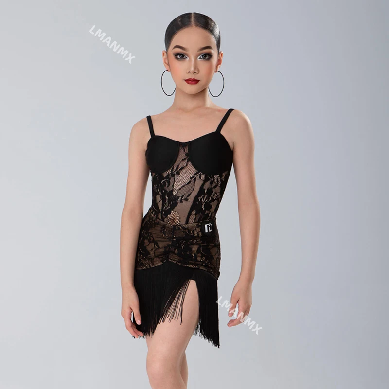 여아용 블랙 라틴 댄스 공연 의류 소매, 라틴 댄스 프린지 원피스, 어린이 삼바 룸바 살사 댄싱 웨어