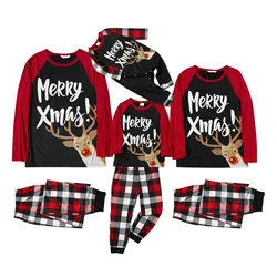 2024 Family Christmas Print Pajamas Matching Set, Long Sleeve Letters Print T-shirt with Plaid Pants Sleepwear Loungewear