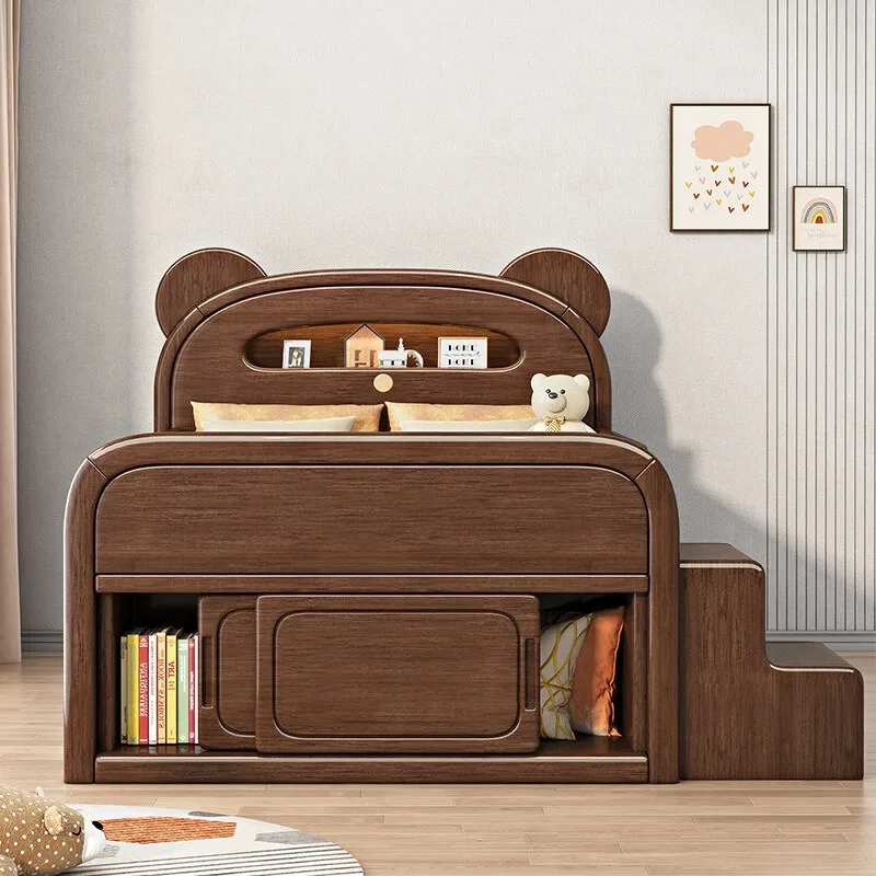 Solid wood children's bed walnut half-height bed boy guardrail girl room storage multi-functional small apartment with light