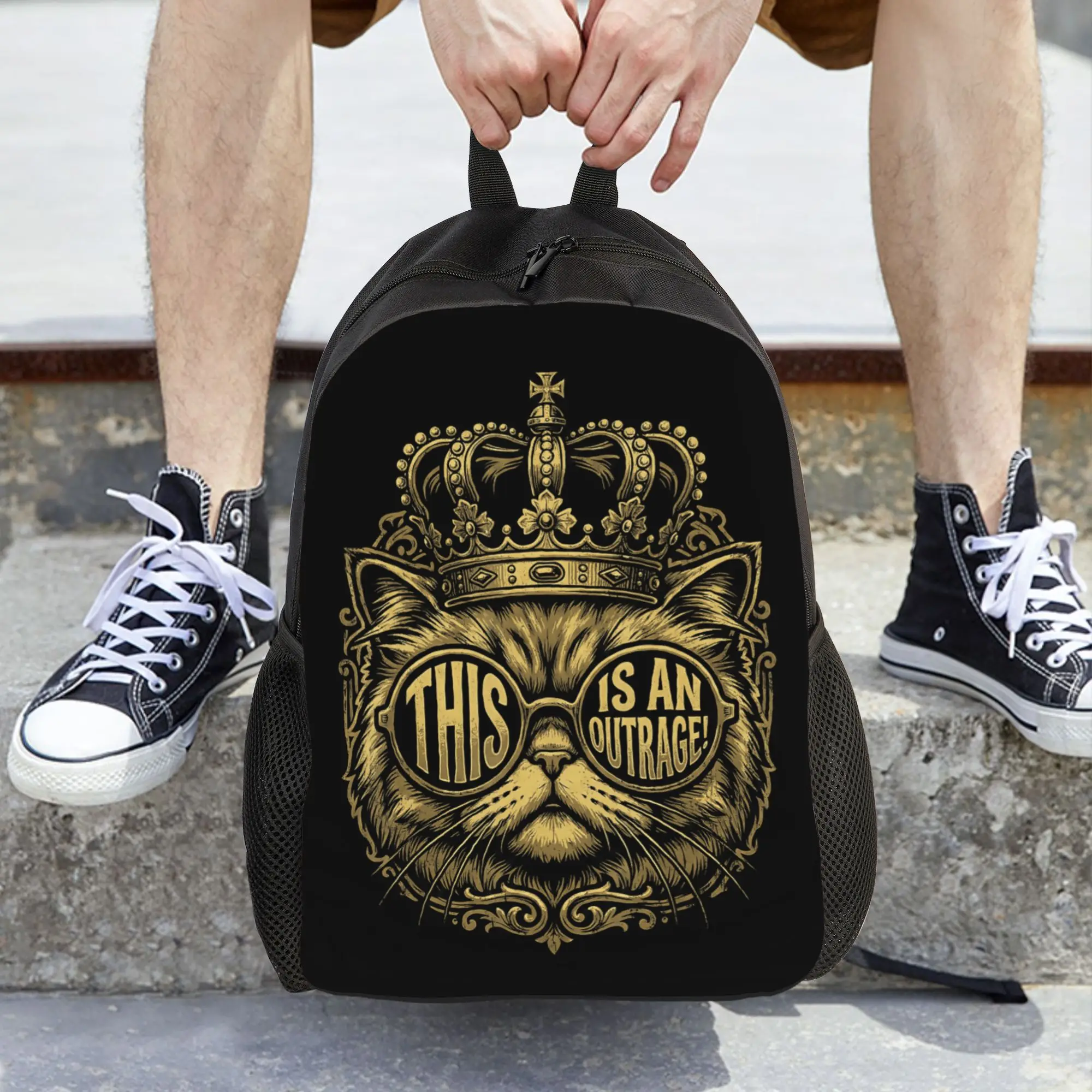 This is an Outrage Funny Princess Cat Donut Gold Backpack Youth  Pattern Backpacks Polyester Casual School Bags High Quality
