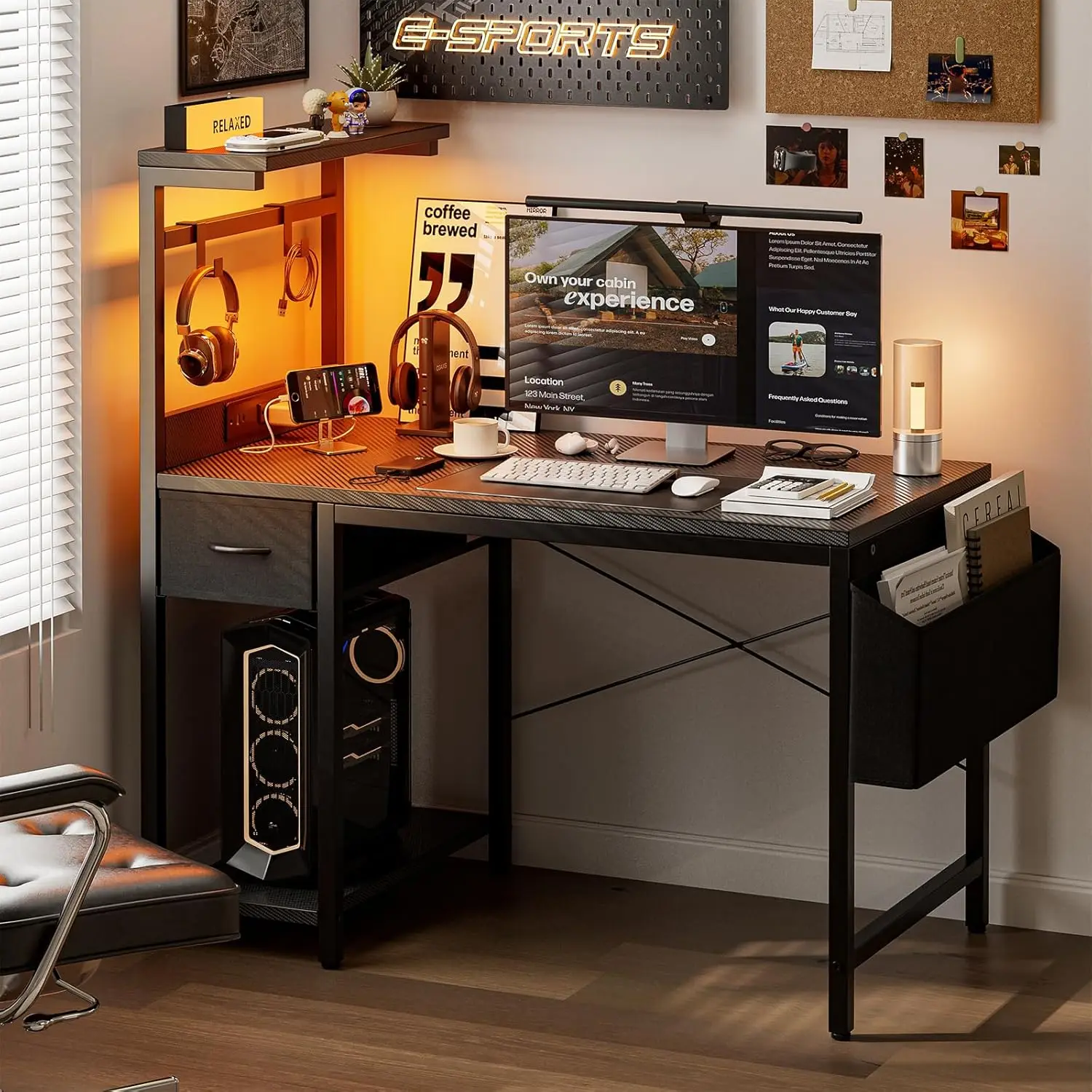 Home Office Use, Carbon Fiber Black Small Gaming Desk with Power Outlet, Led Light, Reversible Shelves, and Storage Drawer