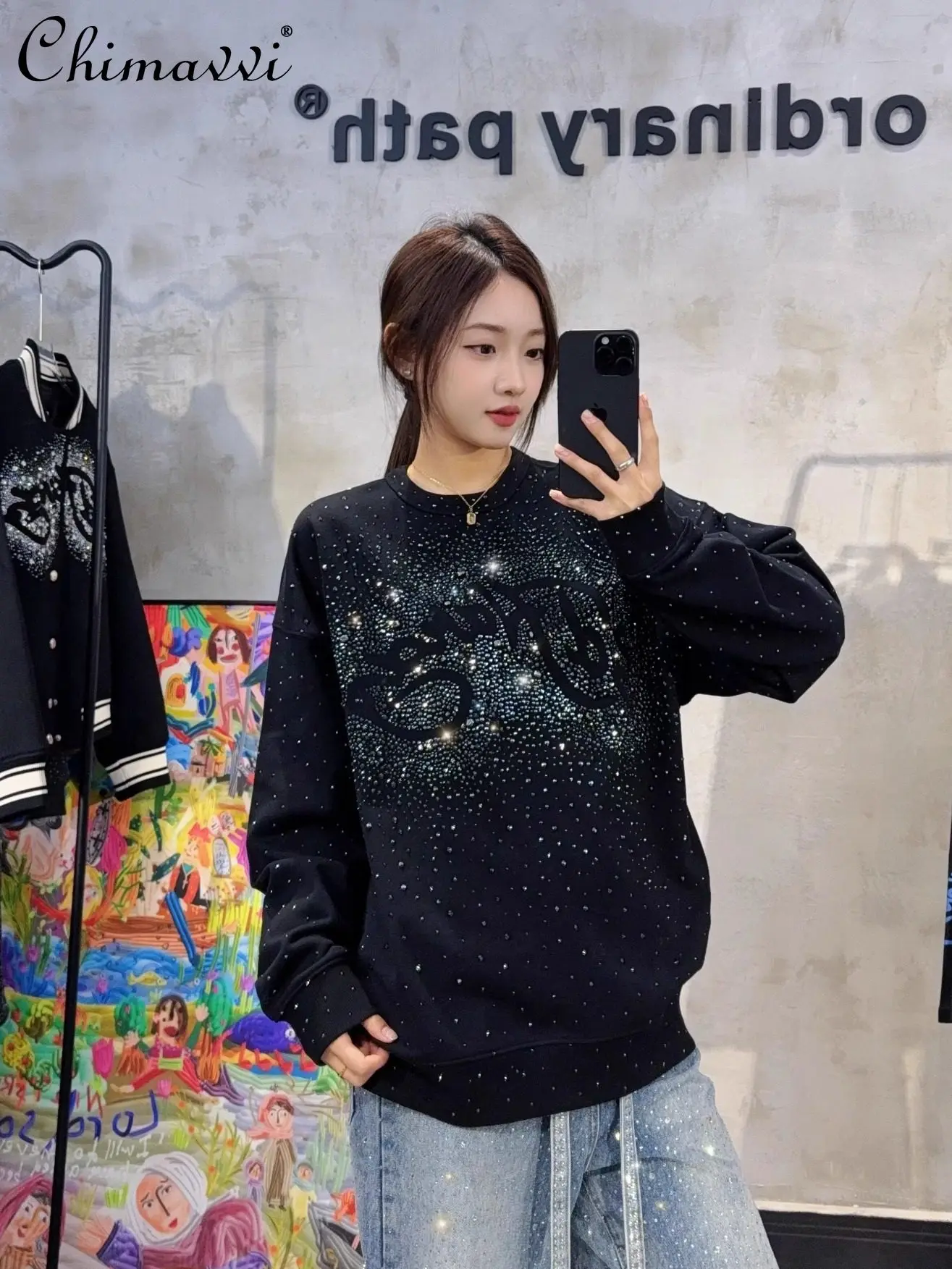 

Тяжелый блестящий пуловер со стразами, новый весенний большой свободный свитшот для мужчин и женщин в американском стиле, уличная одежда с длинными рукавами, повседневный топ