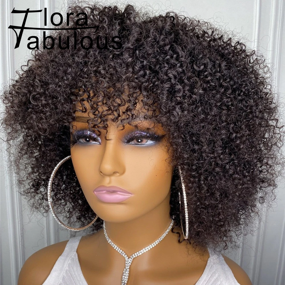 

Afro Curly Wigs With Bangs Full Machine Made Ready Go Glueless Wig 200 Density Bouncy Jerry Cur Remy Human Hair Wigs For Women