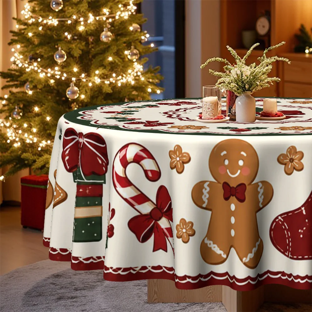 1 tablecloth, Christmas holiday theme, with holiday patterns of gingerbread men, candy canes, gifts, stockings, and holly