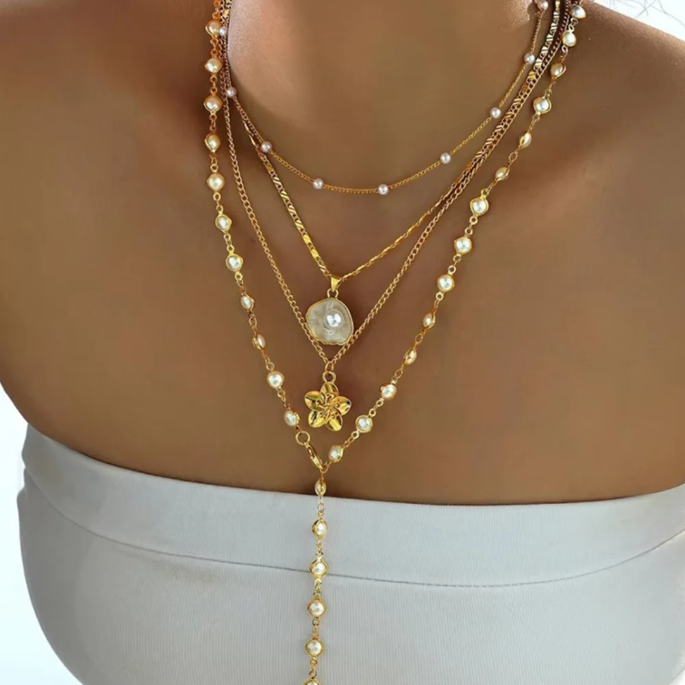 4 pcs/set Bohemian Women Flower Shell Tassel Pendant Necklace Jewelry Accessories Fashion Imitation Pearl Necklace Set For Women