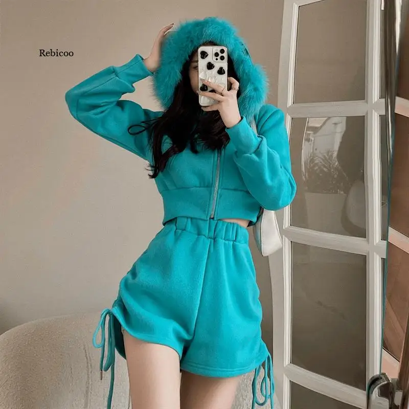 

Women Fleece Sweatshirts Short Jacket Zipper Hooded Cardigan Drawstring Wide Leg Shorts Female Casual Matching Sets Winter New