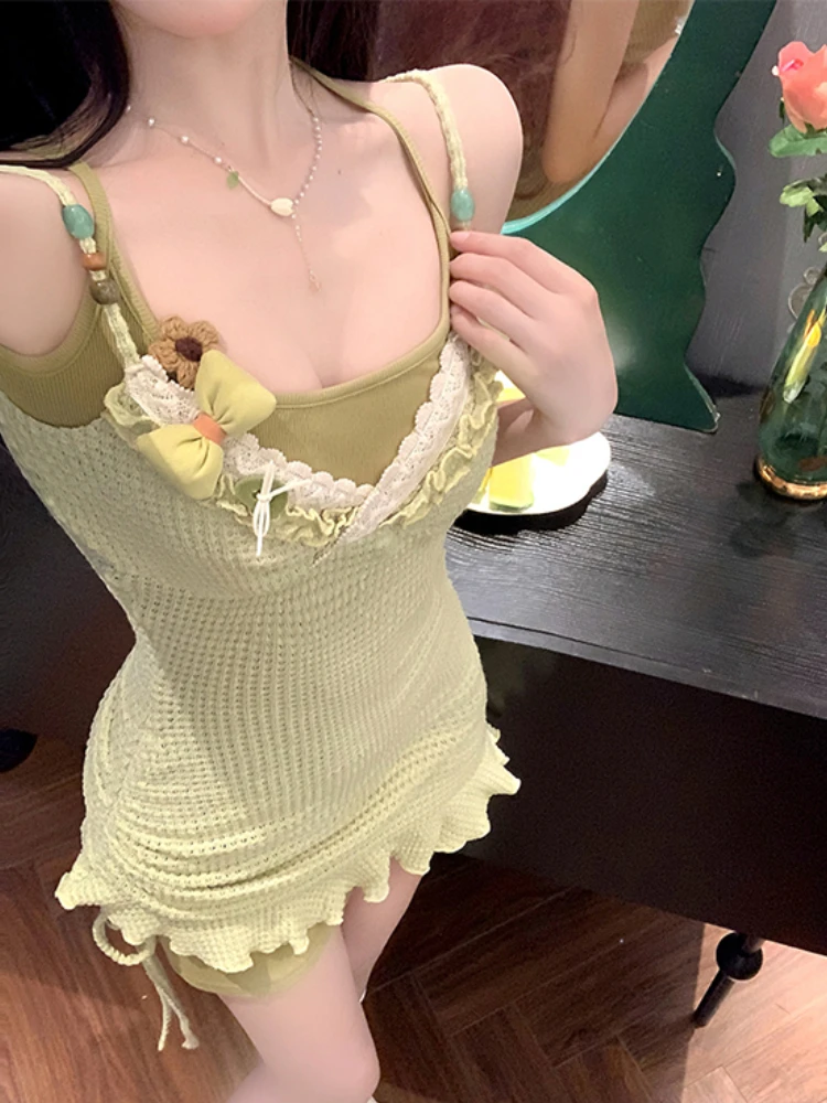 Summer Cottage Core Gyaru Mini Two Piece Sets Dress Women Mori Girl 2000s Aesthetic Vintage Spaghetti Strap Frocks One Piece New