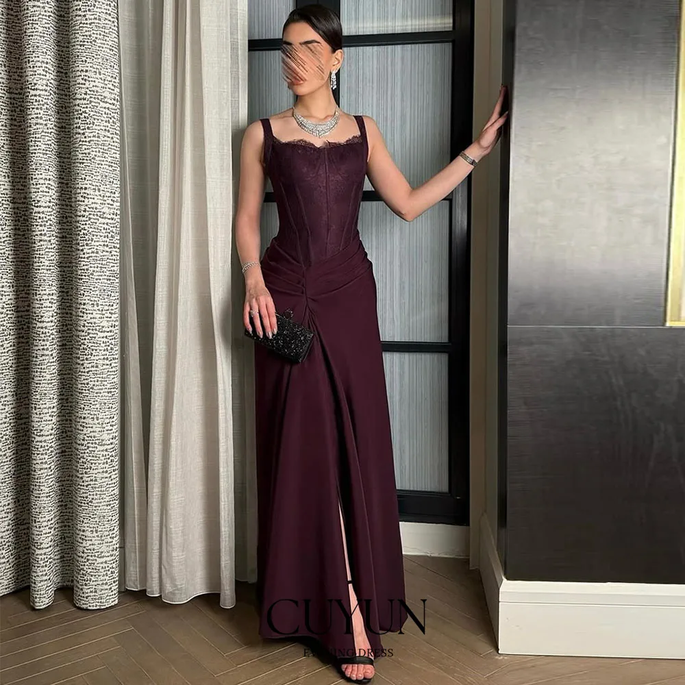 

CUYUN Wine Red Spaghetti Straps Women Party Dresses Lace Sleeveless Slit Saudi Evening Dress Customized Special Occasion Gown