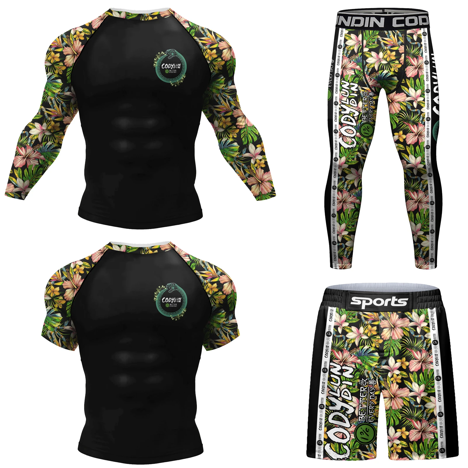 

Взрослые мужчины Боевой бокс Тренажерный зал Рубашки + брюки Пляжный костюм для серфинга Cody Lundin Сублимационная печать MMA BJJ Спортивный комплект из 4 предметов