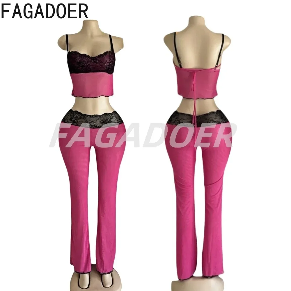 FAGADOER Sexy Sweet 2 Piece Sets Women Outfit Mesh See Through Lace Patchwork Crop Top And Pants Suits Hot Girl Streetwear