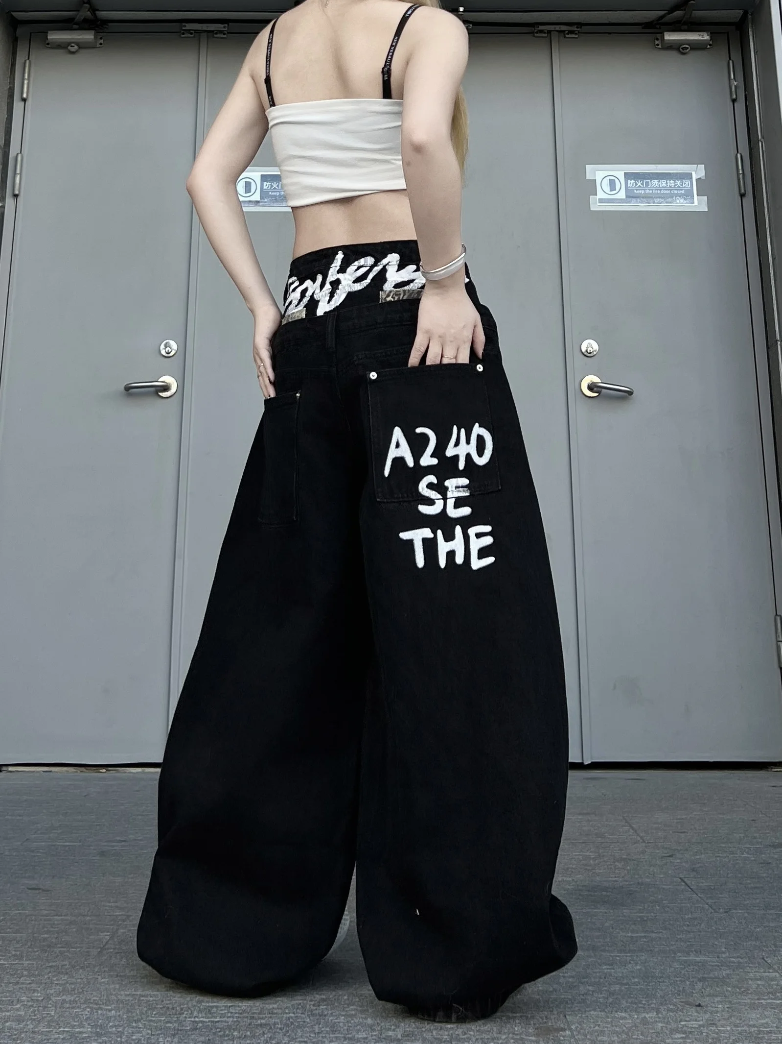 

American Sle Spliced Leopard Print Double Head Waist Jeans Loose Wide Leg Knife Pants Casual Loose Fit Jeans