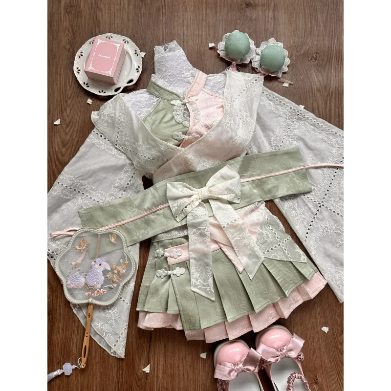 

3 Piece Sets Japanese Style New Lolita Women Elegant Bow Cropped Coat Tops Lace Ruffles Pleated Skirt Suit Female Sweet Outfits