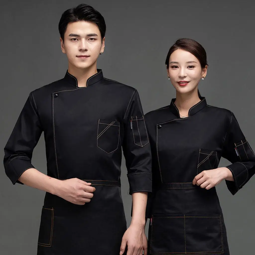 Chef Coat Long Sleeve Black Jacket for Cooking Staff Cotton Polyester Fabric Work Uniform with Pocket for Hot Pot Fast Food Shop