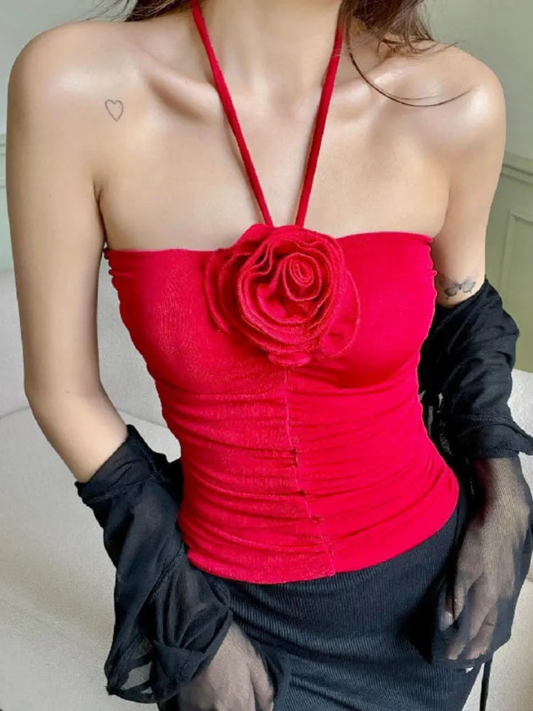 ثلاثية الأبعاد زهرة المرقعة الرسن أنبوب القمم قبالة الكتف عارية الذراعين تانك 2024 مثير بلوزات غير مغطية للكتف Ruched الأسود سترات صغيرة