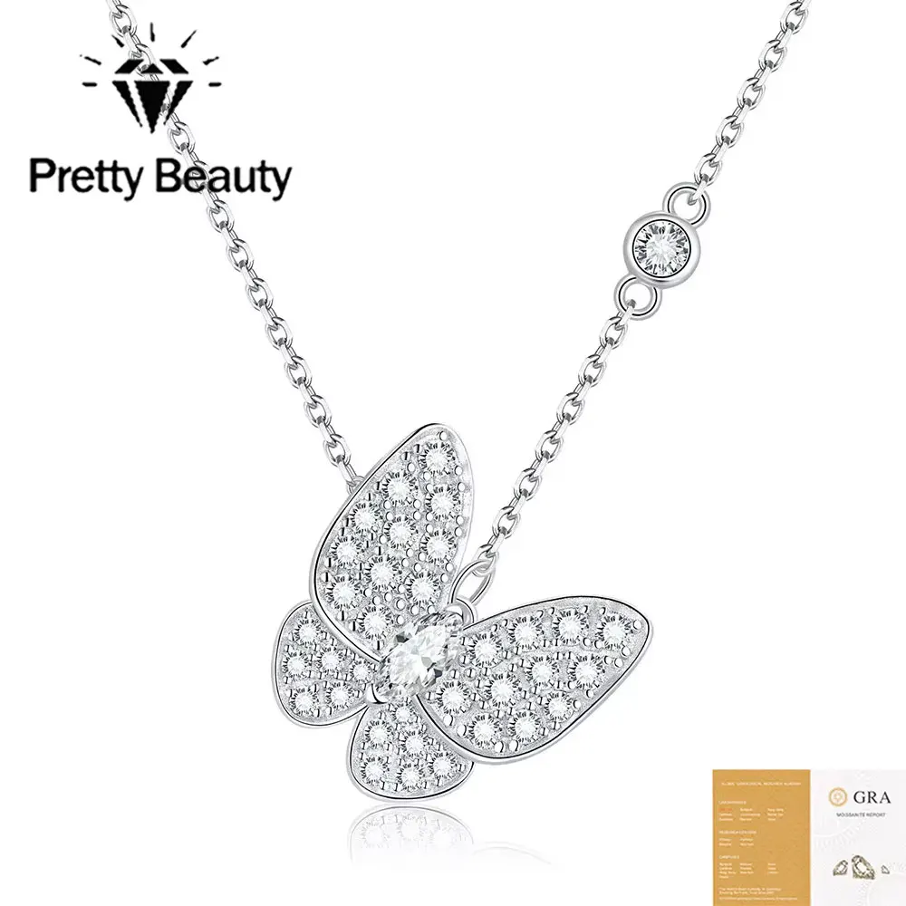 Pretty Beauty Moissanite Butterfly Necklace for Women 925 Silver Pave Set Diamond Sparkling Wings Pendant Clavicle Chain Jewelry