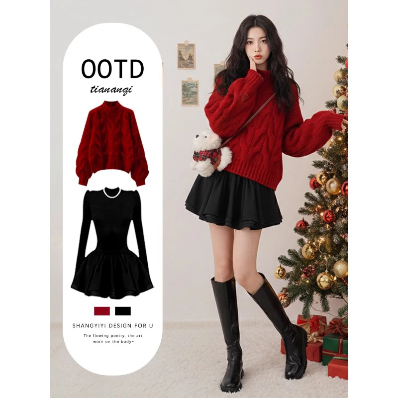 

Cisas New Year Winter Faion Dr Set High Waist ort Skirt Long Sve round Ne Casual Sle Women's Ensemble