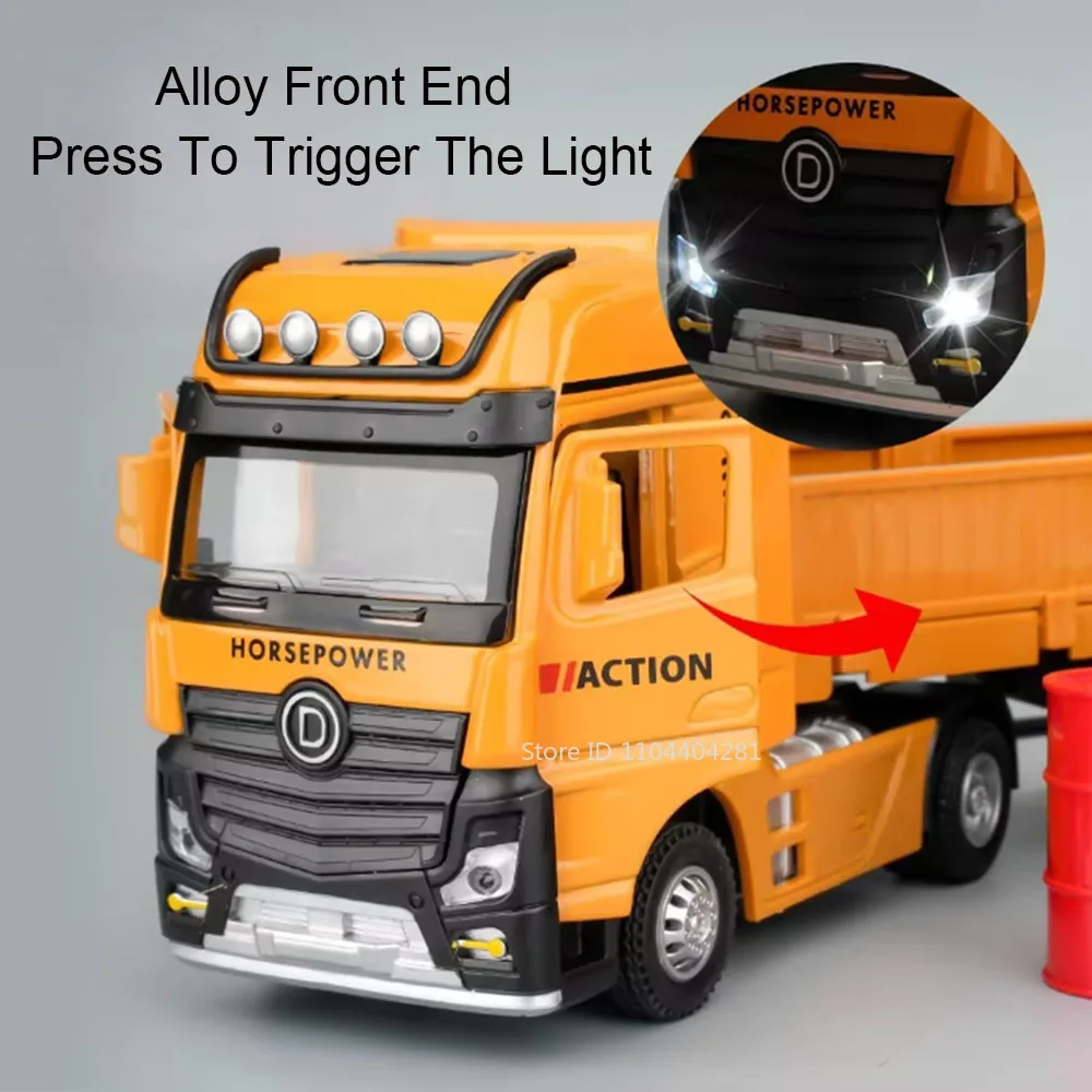 1:32 Roadblockรถบรรทุกขนส่งFlatbed Trailerของเล่นDiecastรถประตูเปิดเสียงดึงกลับรถเด็กปริศนา