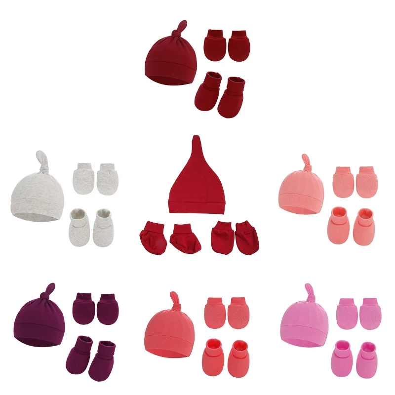 YYDS 1 Set Baby Anti Scratching Gloves Tail Knot Hat Foot Cover Set Soft Cotton Newborn No Scratch Mittens Socks