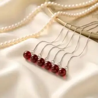 Certified 925 Pure Silver Natural Red Amber Beaded 8-9mm Ear Threader Drop Dangle Fine Tassel Earrings for Women Gift Jewelry