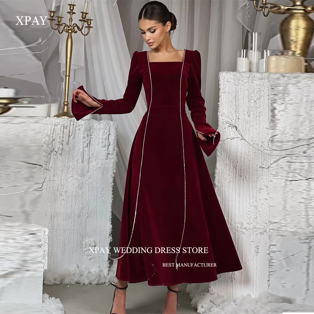 

XPAY Simple Wine Red Velvet Evening Party Dresses Arabic Women Long Sleeves Square Neck Ankle Length Prom Gowns Celebrity