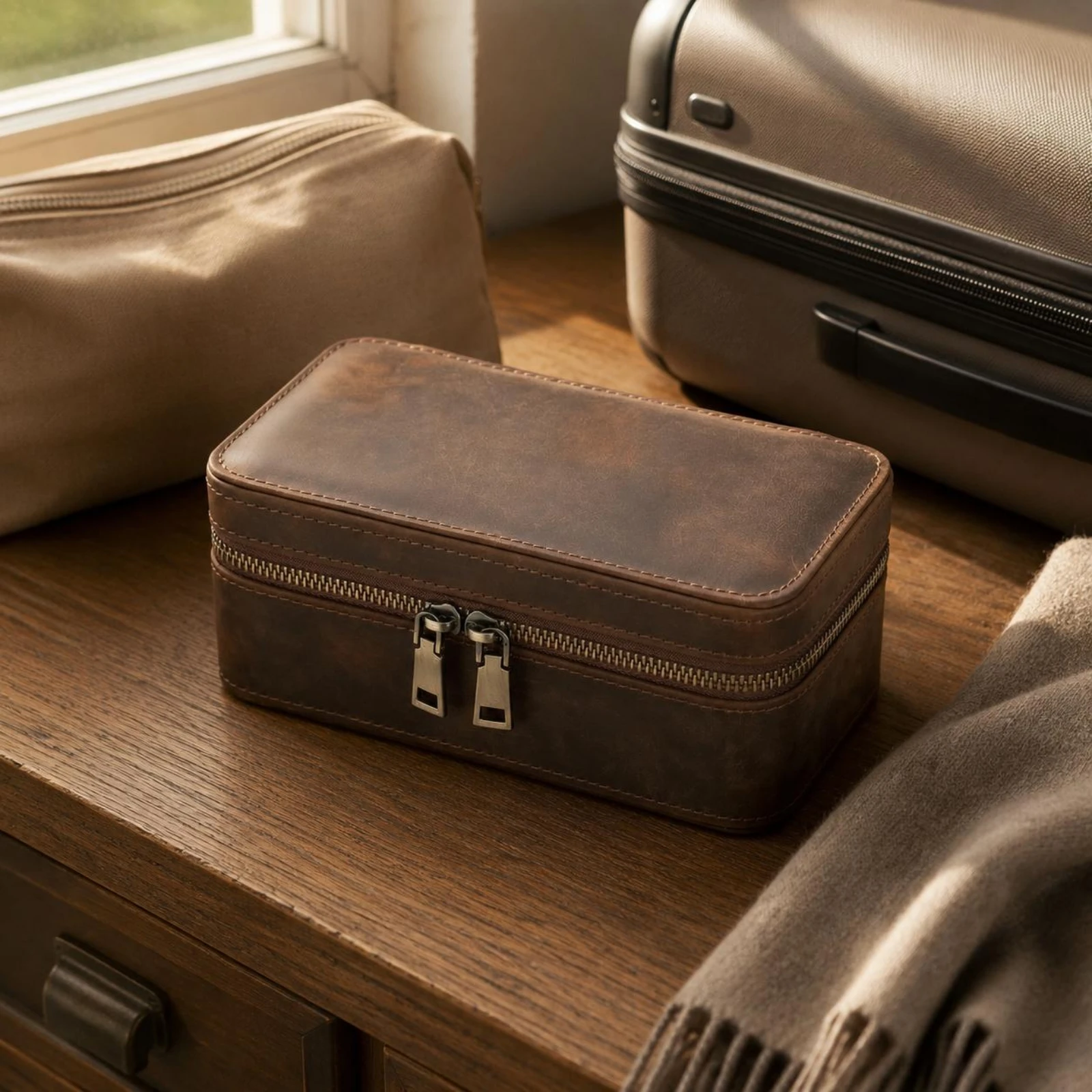 Zip-Around Watch Case Crazy-Horse Leather Watch Storage Box Jewelry Storage Box Vintage Design Hard Shell