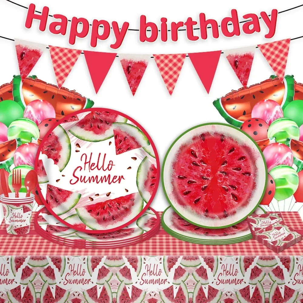 8Guests Watermelon Disposable Tableware Hello Summer Paper Plates Napkins Red Fruit Watermelon Happy Birthday Babyshower Favor