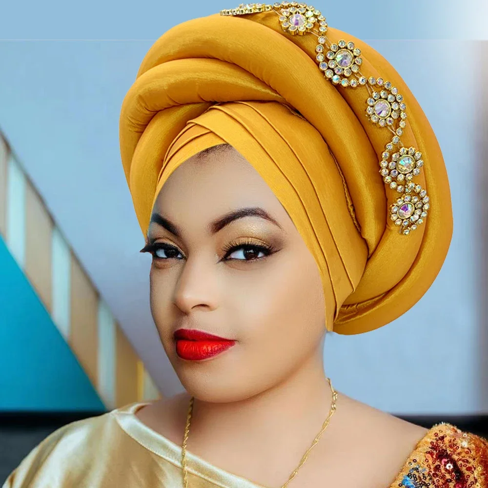 Diamonds Nigeria Raw Silk Autogele Headtie Muslim Hat Party Headwear Twisted Braid Turban Cap for Women African Lady Head Wraps