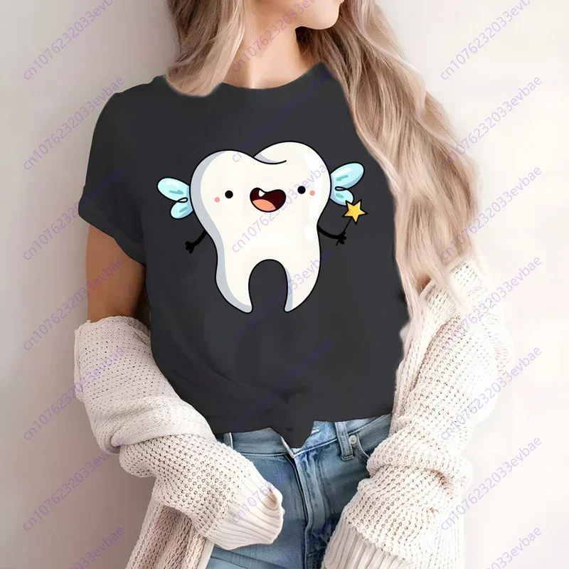 Aesthetic Funny Tooth Dentist Kawaii T-Shirt Women Short Sleeve Summer Fashion Tshirt Casual Black Fashion Tee Shirt O-Neck Tops