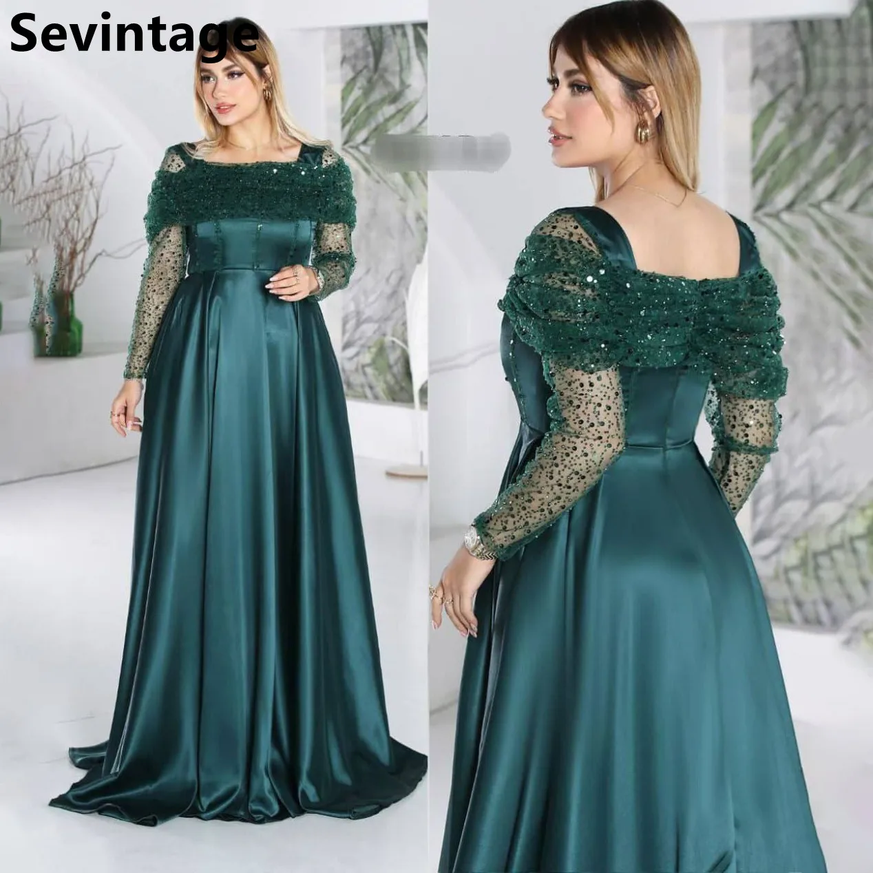

Sevintage A Line Green Satin Evening Dress For Wedding Party Long Sleeve Square Neck Prom Dress Arabic Party Gown Customized