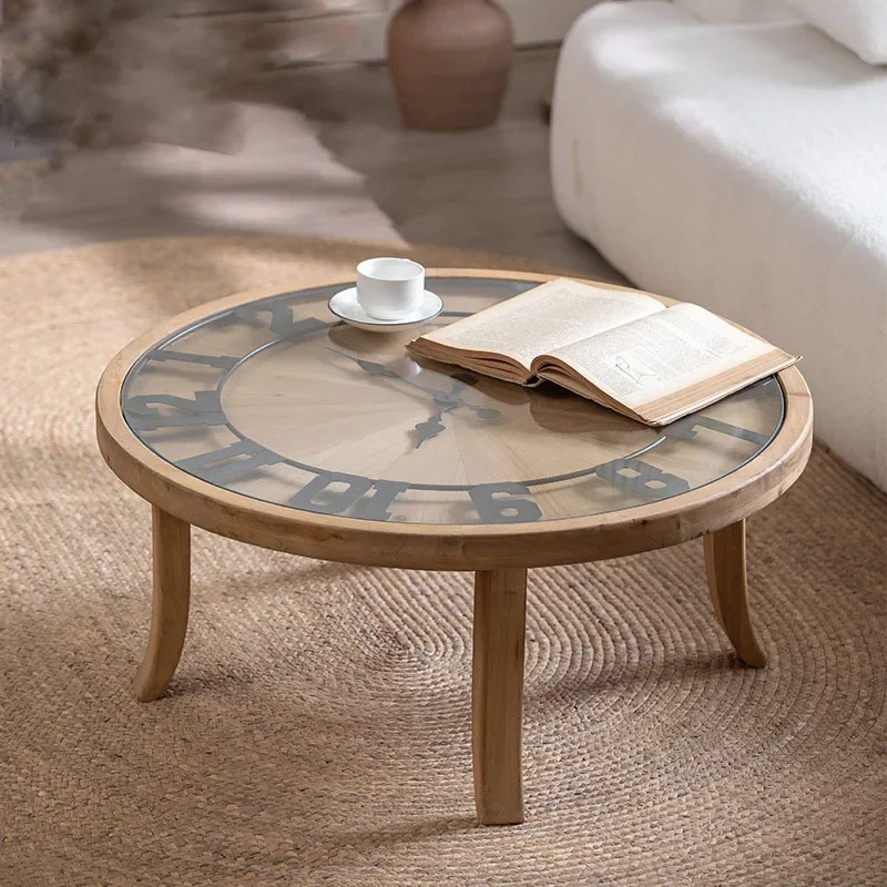 Creative clock coffee table cafe retro small round table with glass Japanese solid wood edge table