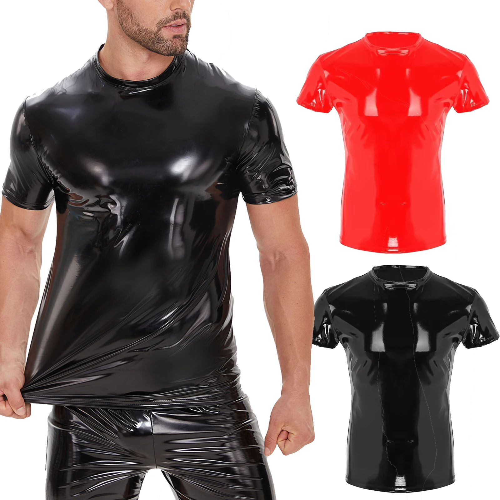 

Плюс размер S-5XL Куртка с коротким рукавом Футболка из искусственной кожи Глянцевый корсет Круглый топы с воротником Блестящая повседневная одежда Футболка Узкое пальто