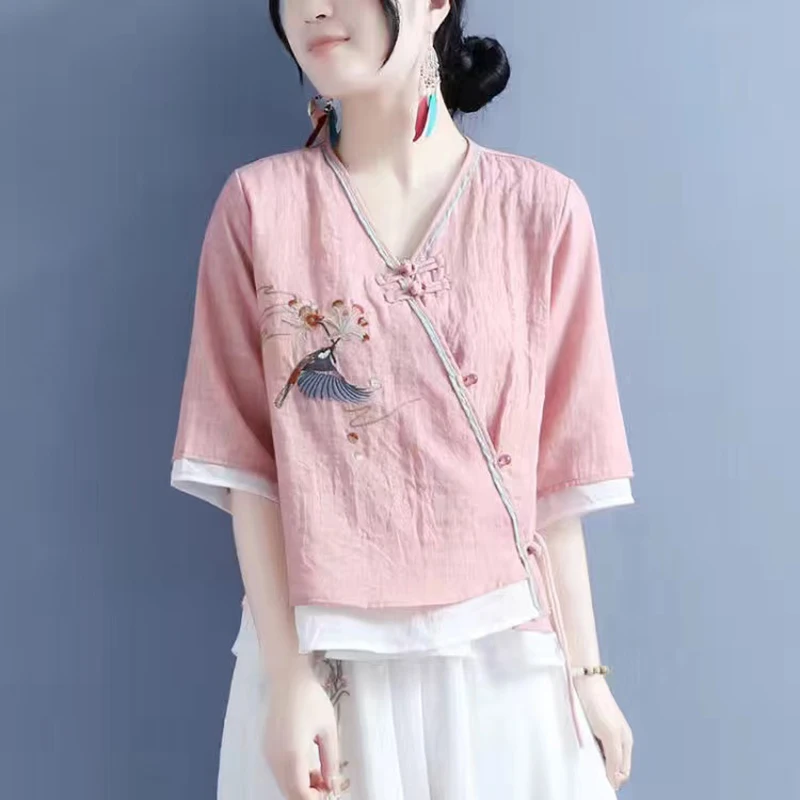 24China Style Retro Thin Tops Summer Chinese Traditional Shirts Tang Suit Hanfu Linen Clothing for Women Ethnic Female Cheongsam