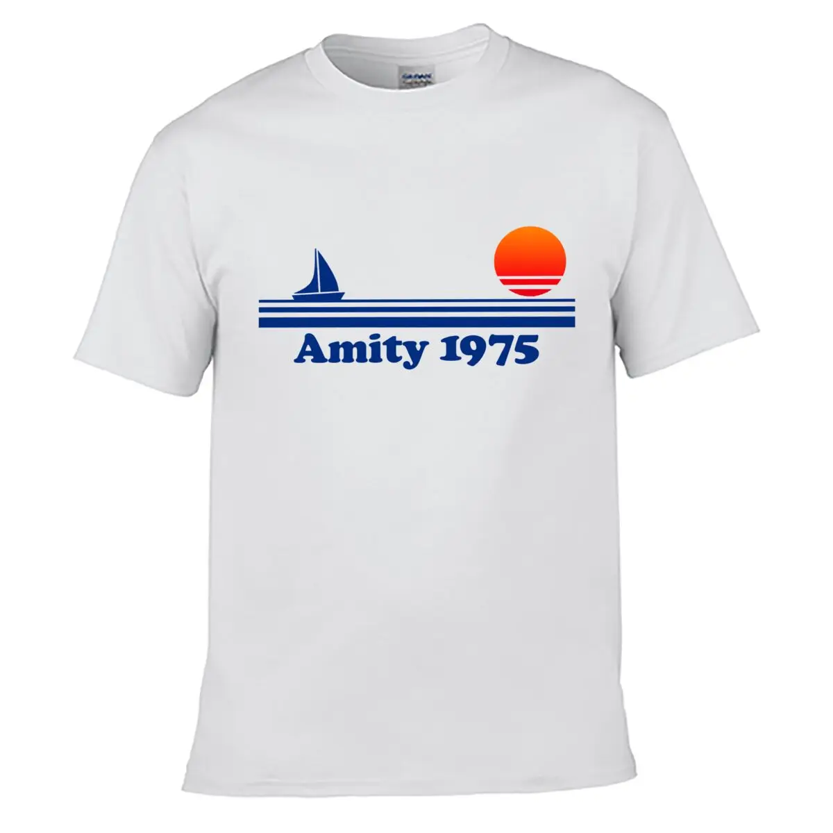 Amity 1975 Sailboat Sunset Nautical Stripes Graphic Loose Vintage Distressed Washed Casual Tee