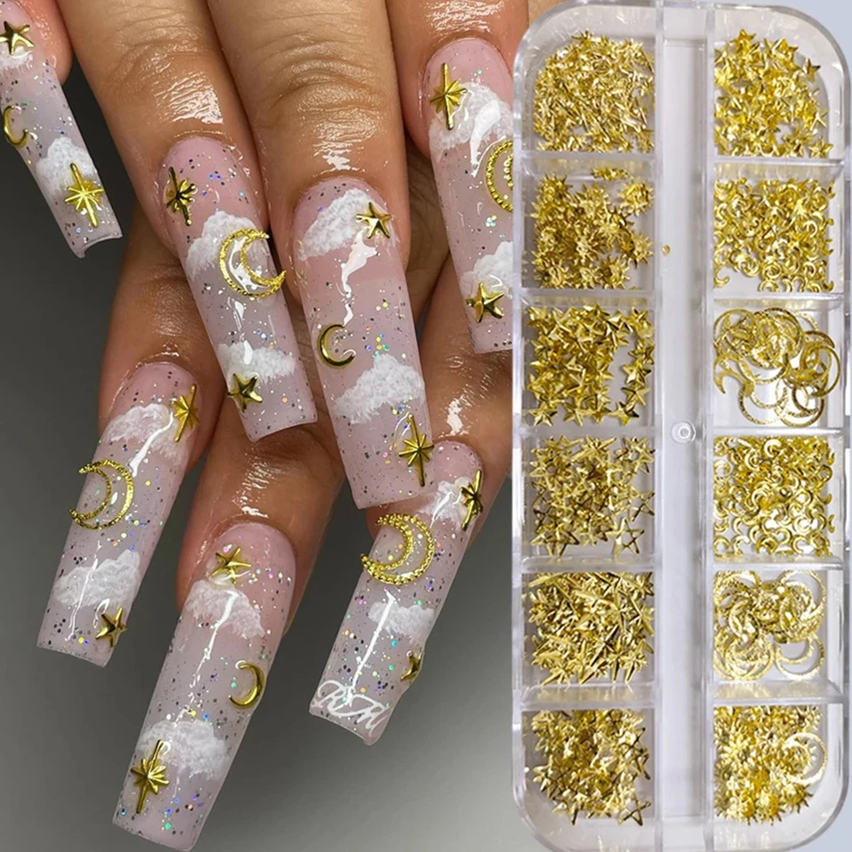 12-Grid Box of 3D Golden Nail Art Decorations - Metallic Star, Moon, Heart, Triangle, Square Nai