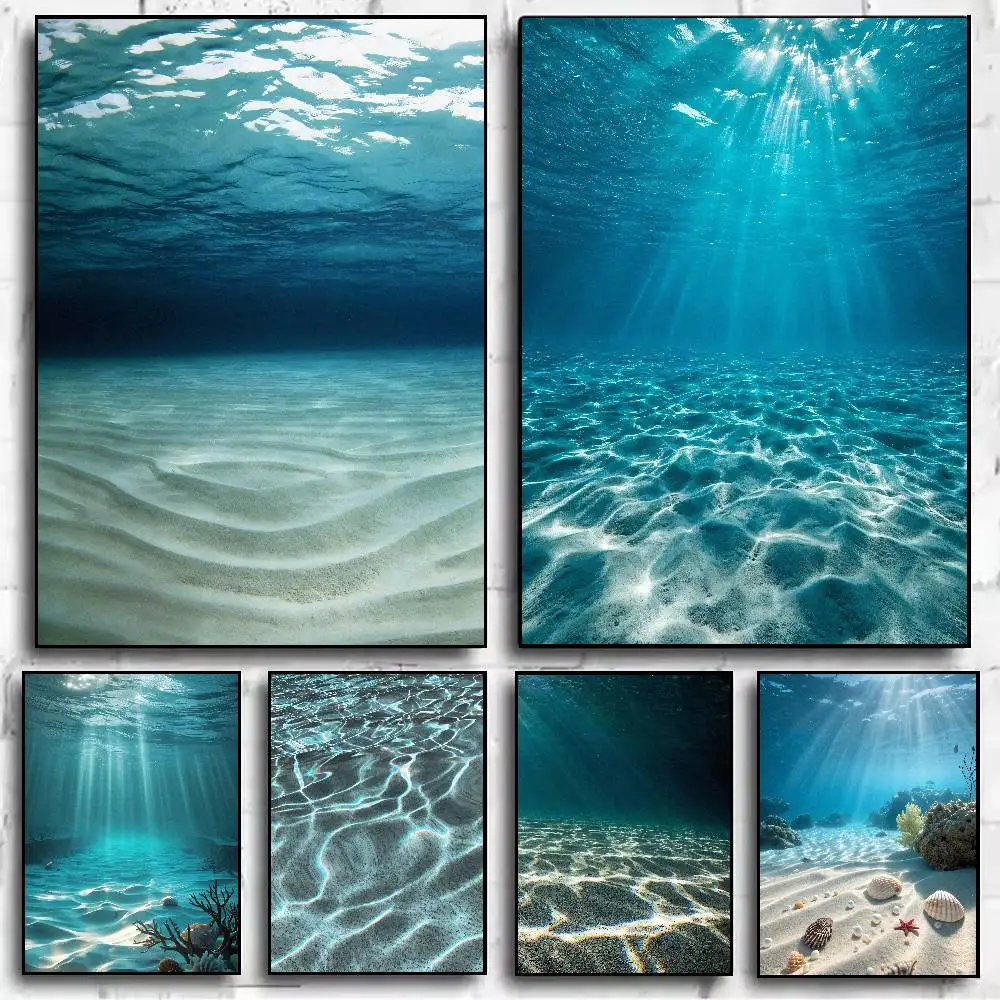 Underwater Ocean Scenery Poster Blue Turquoise Sea Water Sunlight Ripple Seabed Landscape Wall Art Print Decor