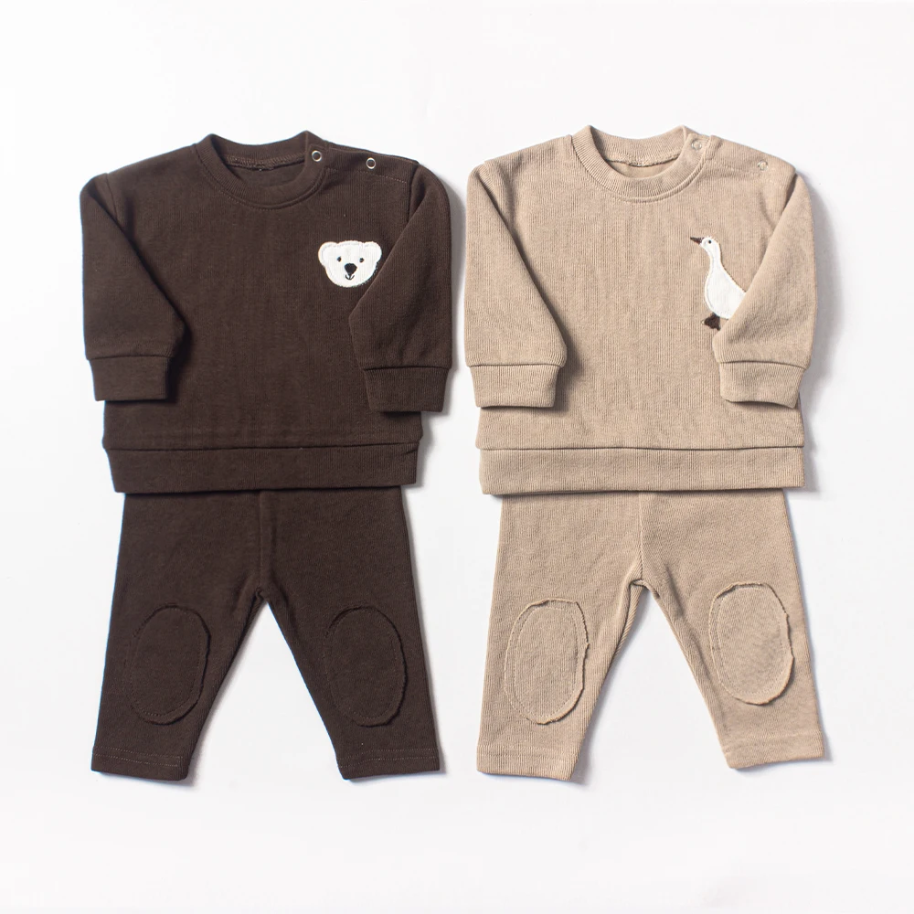 Newborn Two Piece Set Baby Boys and Girls Clothing Set Little Bear Embroidered Top Long Sleeve Long Pants Waffle Casual Clothing