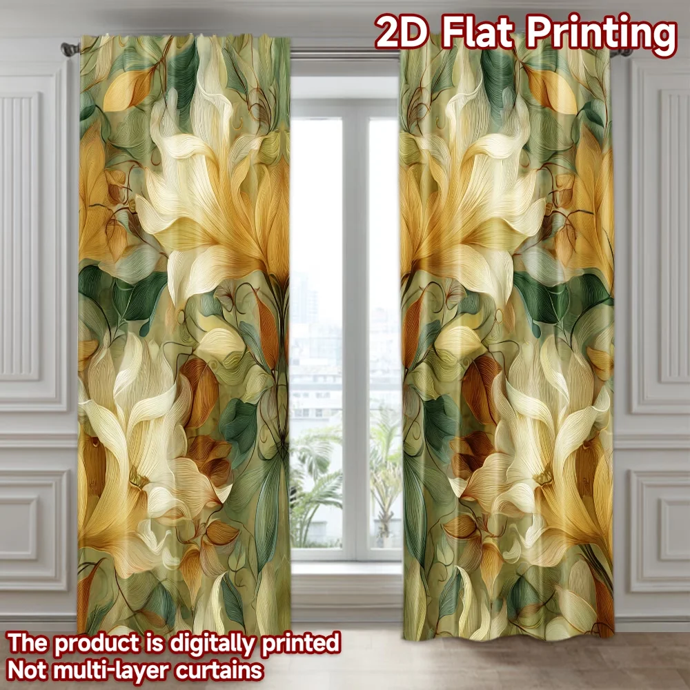 2PCS Digital Printed Curtains, Yellow Green Flower Cluster Fresh Botanical, Window Drapes for Living Room Bedroom Home Decor