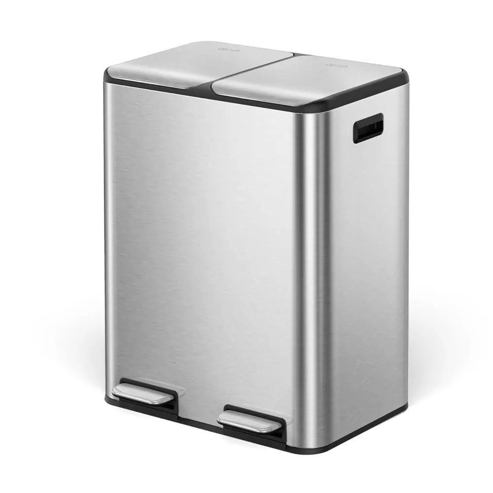 

Kitchen Trash Can, 8 + 8 Gallon Dual Trash and Recycle Bin Combo, 2 Compartment Stainless Steel Kitchen Garbage Can with Lid, R