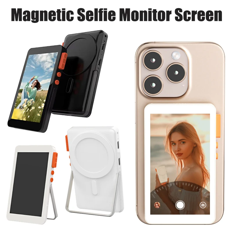 Tela magnética sem fio para monitor de selfie, comprimento focal ajustável para câmera traseira de telefone, selfie, vlog, transmissão ao vivo para iphone e android