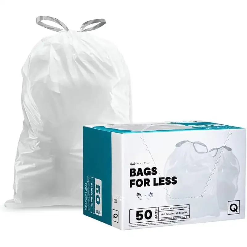 Custom Fit Trash Bags, Compatible with simplehuman Code Q (50 Count) White Drawstring Garbage Liners 13-17 Gallon 25