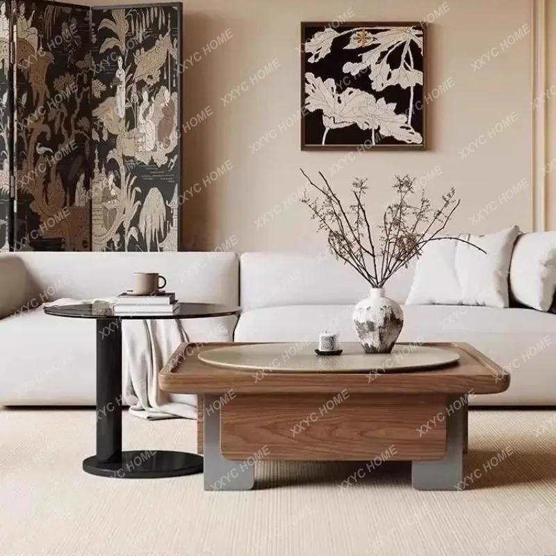XX Retro Square Coffee Table Walnut Wood Grain for Living Room Small Space Round Tempered Glass Table 2025 New