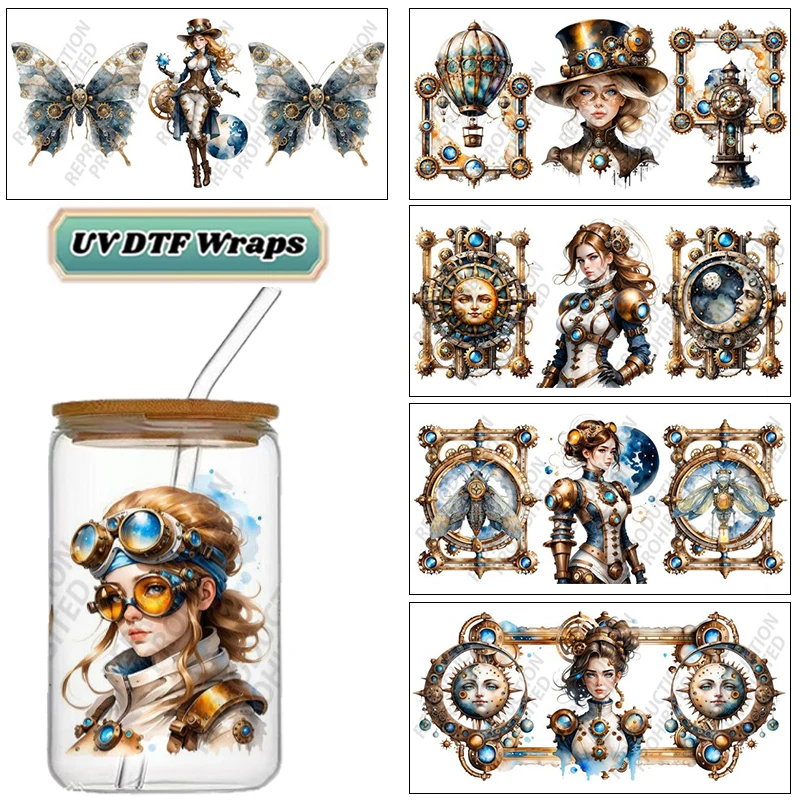 Steampunk Vintage Mechanical Lady UV DTF Cup Wrap Waterproof Cold Transfer Sticker for 16oz Libbey Glass Can DIY Gift Decor