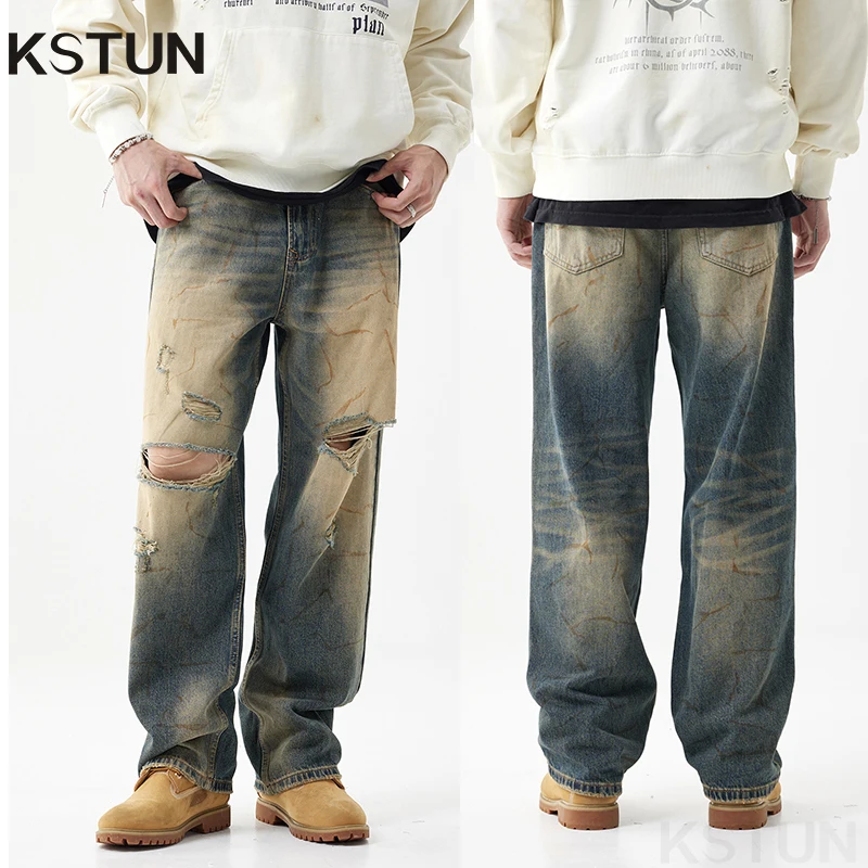 

Hip Hop Jeans Men Loose Fit Wide Leg Pants Baggy Jeans Ripped Hollow Out Holes Distressed Retro Blue Frayed Moto Men's Trousers