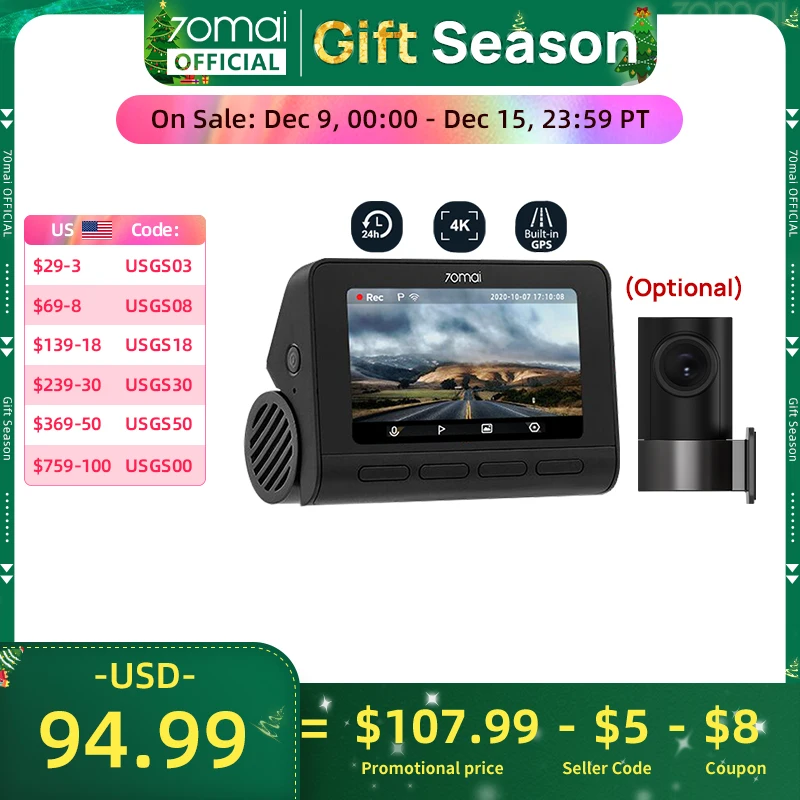 70mai 4K Dash Cam A800S Built-in GPS ADAS 140°FOV 70mai Camera Car DVR 24H Parking Monitor Front Cam Only, Support Rear Cam