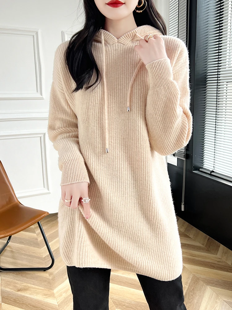 

ANGEL New Women Casual Hoodie 100% Merino Wool Pullover Long Sweater Autumn Winter Long Sleeve Cashmere Knitwear Basic Clothing