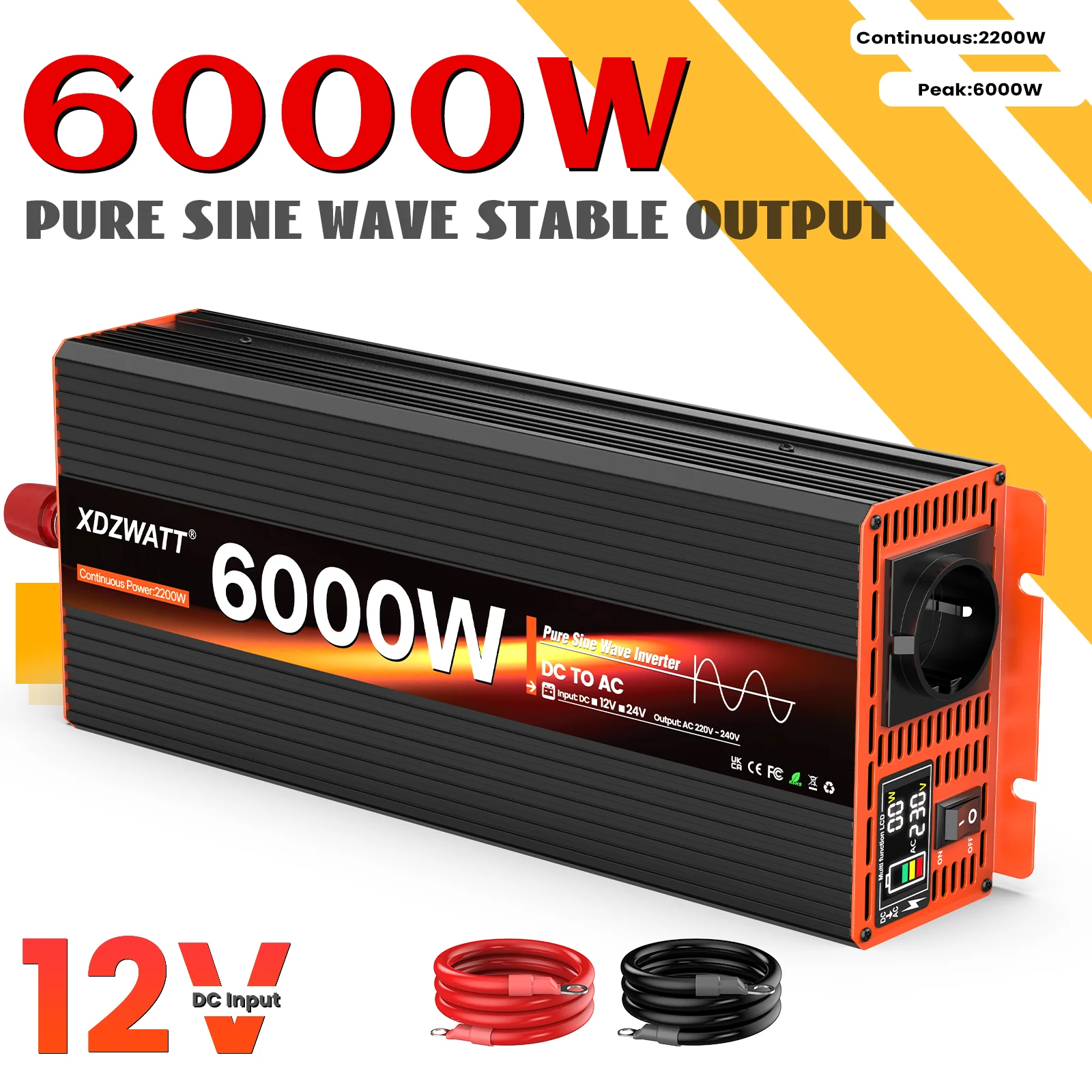 

6000 Вт пиковая мощность, чистая синусоида, инвертор постоянного тока 12 В в переменный ток 220 В 230 В, розетка европейского стандарта для дома на колесах, дорожная бытовая техника, ЖК-дисплей, защита