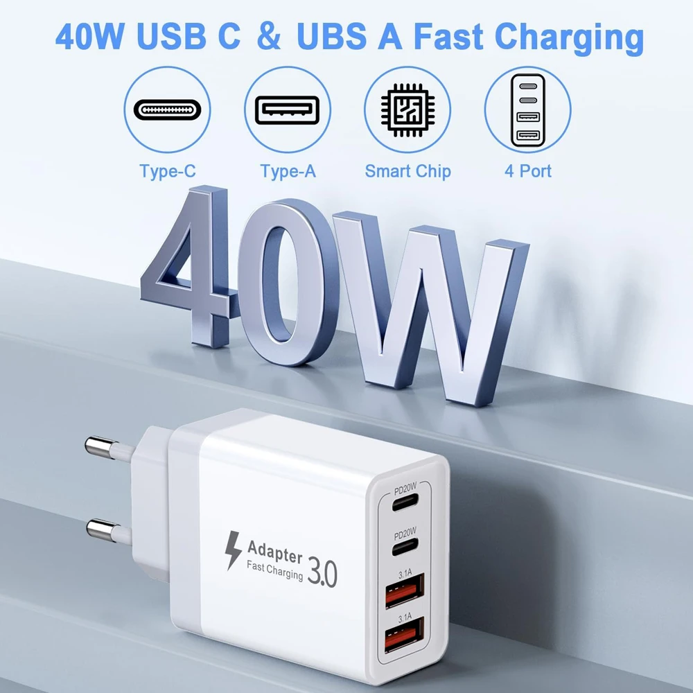 Caricabatterie USB tipo C da 40W testa di ricarica rapida a 4 porte spina ue usa adattatore per telefono a ricarica rapida per iPhone 15