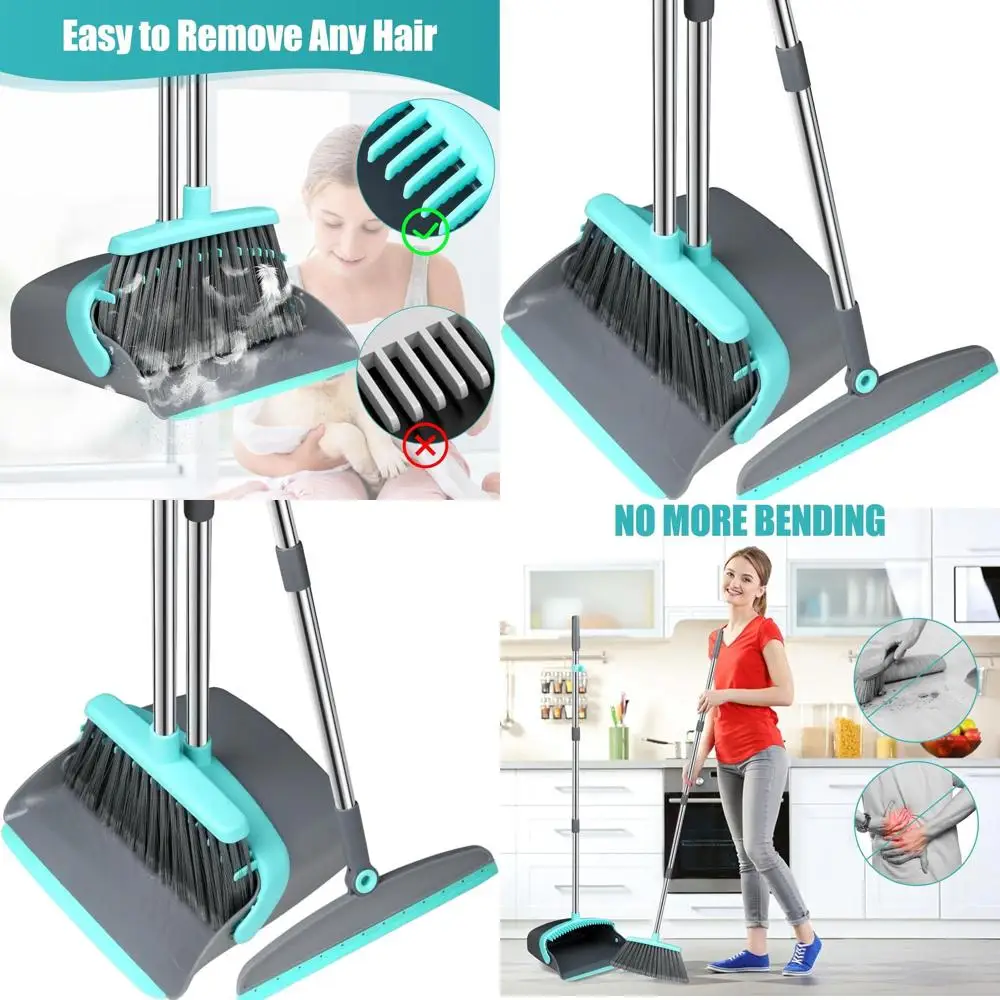 

Upgraded Silicone Broom and Dustpan Set with Long Handle, Standing Design, and Squeegee for 2-in-1 Indoor/Outdoor Floor and Rug