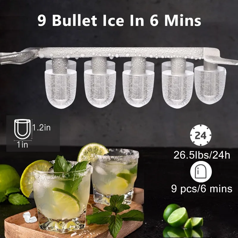 Joy Pebble Bullet Ice Maker Countertop with Handle,9 Bullet Ice Cubes Ready in 6 Mins,26Lbs/24H, Self-Cleaning Portable