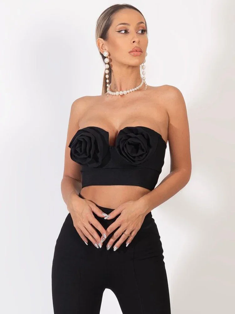 

2023 Summer Sexy Strapless Stereo Floral Black Bandage Crop Top with Zipper for Women Nightclub Young Girls Clubwear